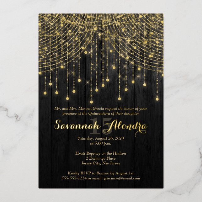 Invitación Con Relieve Metalizado Gold Foil Name - Black, Gold Quinceañera Invite (Anverso)