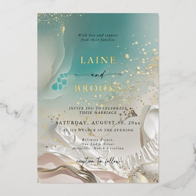Invitación Con Relieve Metalizado Gold Foil Ocean Tide Ethereal Shoreline Wedding (Anverso)