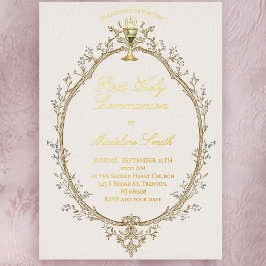 Invitación Con Relieve Metalizado gold foil text first communion beige frame