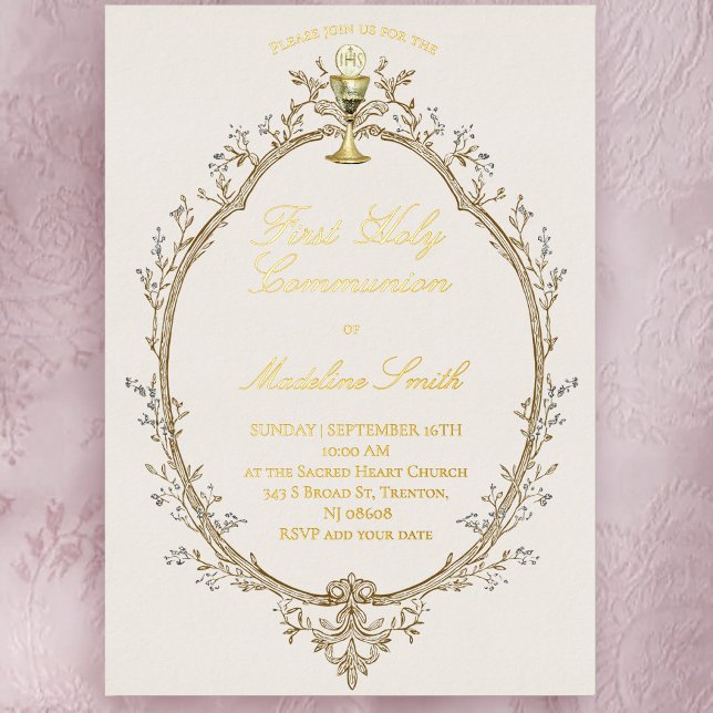 Invitación Con Relieve Metalizado gold foil text first communion beige frame (Subido por el creador)