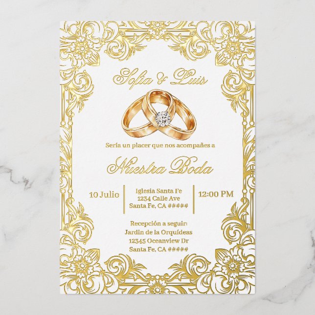 Invitación Con Relieve Metalizado gold foil with frame Spanish wedding  (Anverso)