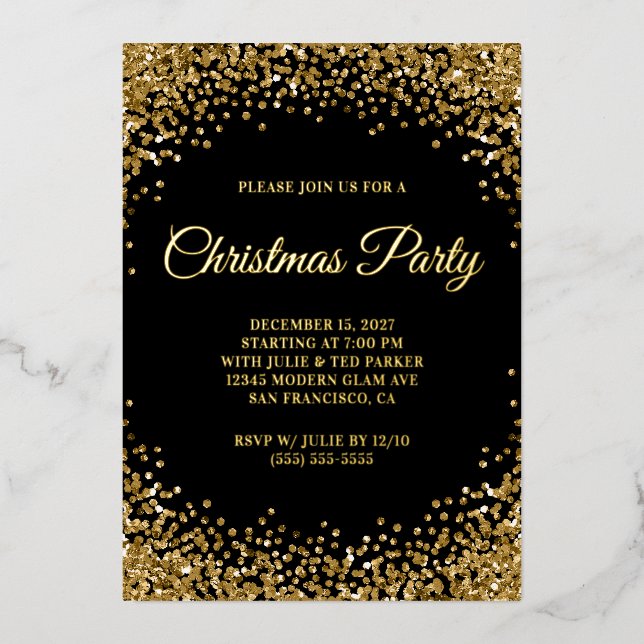 Invitación Con Relieve Metalizado Gold Glitter Border Black Christmas Party (Anverso)