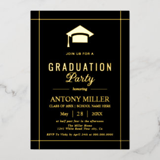 Invitación Con Relieve Metalizado Gold graduation cap Class Of 2026 black