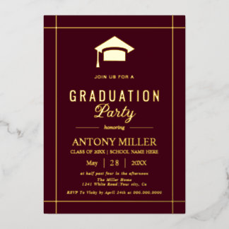 Invitación Con Relieve Metalizado Gold graduation cap Class Of 2026 burgundy