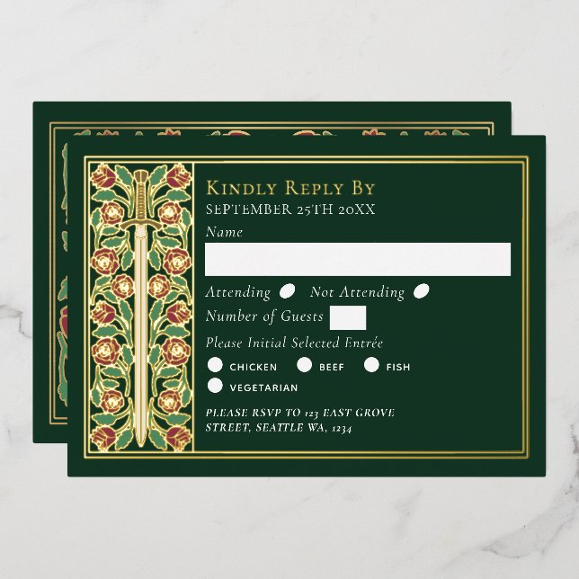 Invitación Con Relieve Metalizado Gold Green Medieval Floral Sword Wedding RSVP (Anverso/Reverso)