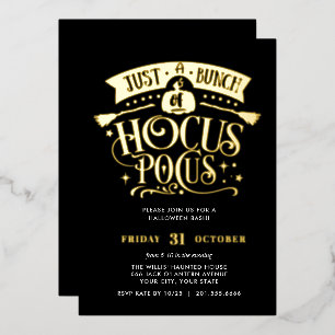 Invitación Con Relieve Metalizado GOLD HOCUS POCUS Halloween Bash Relieve metalizado