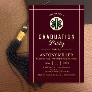 Invitación Con Relieve Metalizado Gold paramedic Class Of 2026 burgundy graduation