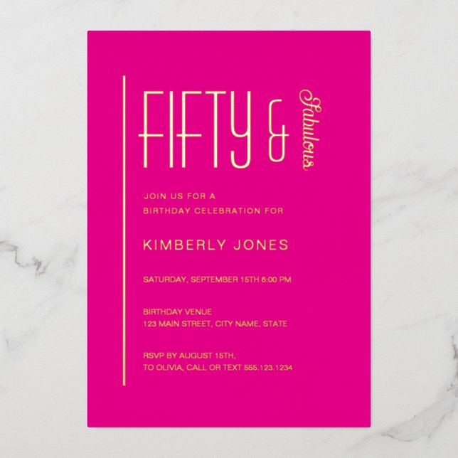 Invitación Con Relieve Metalizado Gold Pink Fifty and Fabulous 50th Birthday Party (Anverso)