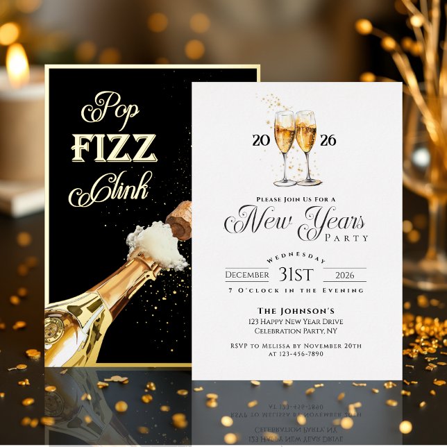 Invitación Con Relieve Metalizado Gold Pop Fizz Clink New Years Eve Party (New Years Eve Party Black and White Pop Fizz Clink Foil Invitation)