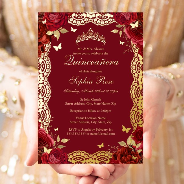 Invitación Con Relieve Metalizado Gold Red Rose Lace Butterfly Quinceanera Birthday (Subido por el creador)