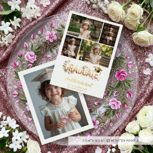 Invitación Con Relieve Metalizado Gold Romantic Botanical Pre-K Graduation 5-Photo