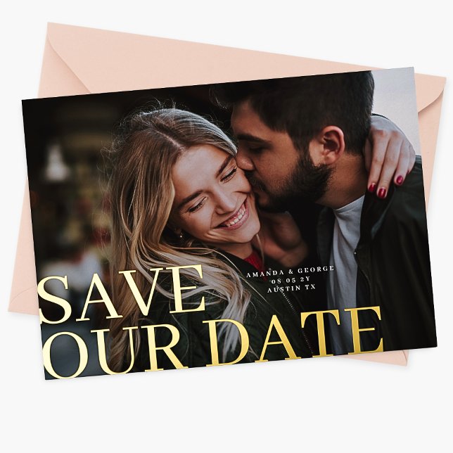 Invitación Con Relieve Metalizado Gold Save Our Date Elegant Classic Photo Boda (Subido por el creador)