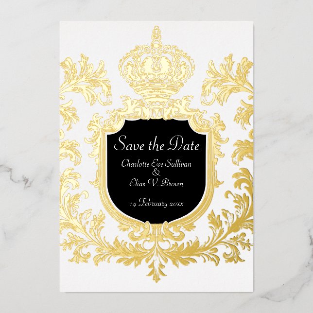 Invitación Con Relieve Metalizado Gold Save the Date, Boda, (Anverso)