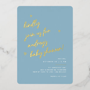 Invitación Con Relieve Metalizado Gold Script   Baby Shower Moderno del Niño Azul Cl