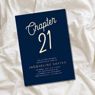 Invitación Con Relieve Metalizado Gold Script Chapter 21 Blue 21st Birthday Fiesta