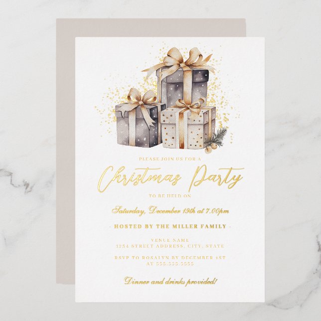 Invitación Con Relieve Metalizado Gold Shimmer presenta Fiesta de Navidades (Anverso/Reverso)