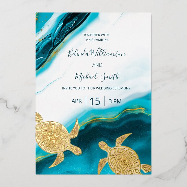 Invitación Con Relieve Metalizado Gold Turtles Teal Ink Agate Wedding   (Anverso)
