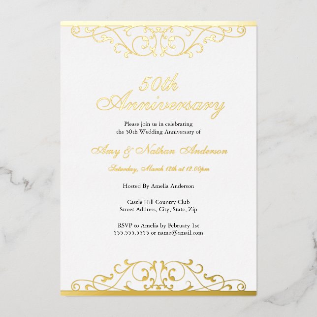 Invitación Con Relieve Metalizado Gold White Elegant Swirl 50th Wedding Anniversary  (Anverso)