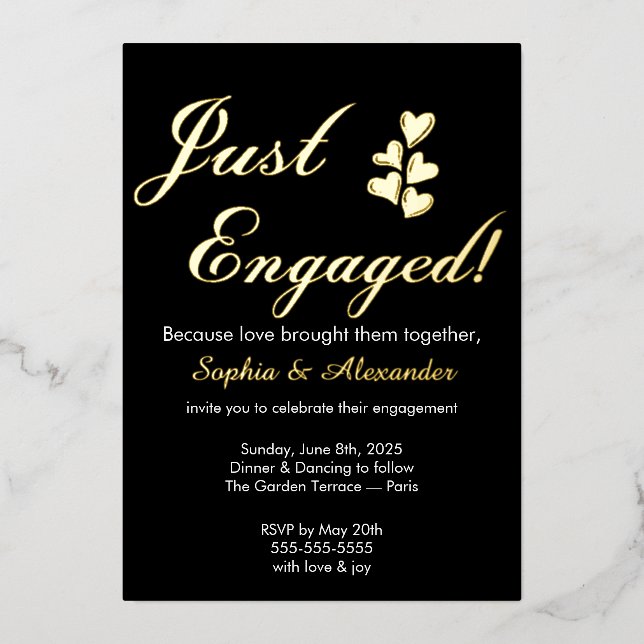 Invitación Con Relieve Metalizado Gold & White Foil Engagement Invitation (Anverso)
