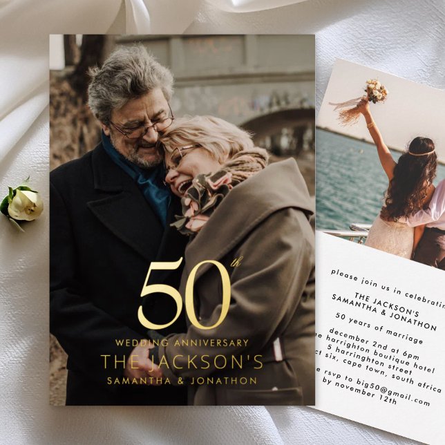 Invitación Con Relieve Metalizado Golden 50th two photo Wedding Anniversary (Subido por el creador)