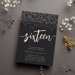 Invitación Con Relieve Metalizado Golden Confetti Sweet Dieciséis cumpleaños<br><div class="desc">Celebre su cumpleaños con estas invitaciones de la fiesta de cumpleaños número 16 de la moda, que incluyen "dieciséis" en letras modernas de guiones con dibujos a mano de Relieve metalizado rosa y coronadas con confeti. Personalice con los detalles de su fiesta debajo. Una elección inolvidable y de lujo para...</div>