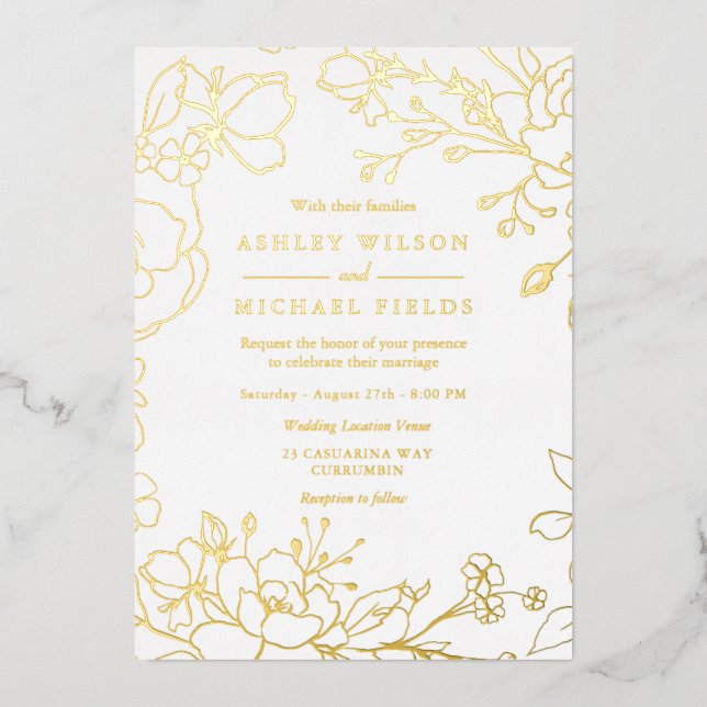 Invitación Con Relieve Metalizado Golden Elegant White Modern Boda Real Gold (Anverso)
