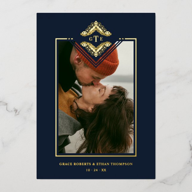 Invitación Con Relieve Metalizado Golden Flourish Classic Ornament Photo Navy Blue (Anverso)