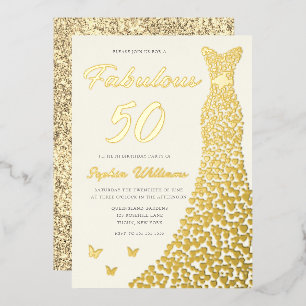 Invitación Con Relieve Metalizado Golden Gown, fabuloso oro de 50 años con vestido d