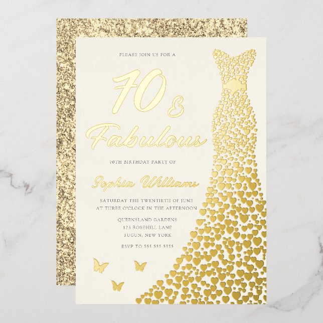 Invitación Con Relieve Metalizado Golden Gown, fabuloso vestido de oro de 70 años (Anverso/Reverso)