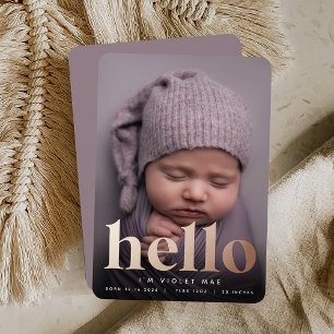 Invitación Con Relieve Metalizado Golden Hello   Rose Gold Foil Birth Announcement