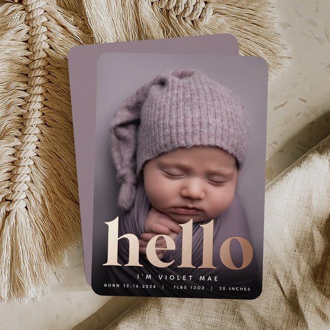 Invitación Con Relieve Metalizado Golden Hello | Rose Gold Foil Birth Announcement (Subido por el creador)