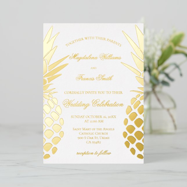 Invitación Con Relieve Metalizado golden pineapples wedding (Anverso de pie)