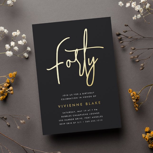 Invitación Con Relieve Metalizado Golden Script 40.º Fiesta de cumpleaños (Subido por el creador)