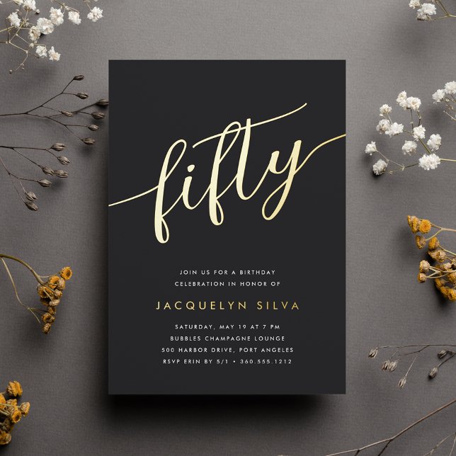 Invitación Con Relieve Metalizado Golden Script 50 cumpleaños (Subido por el creador)