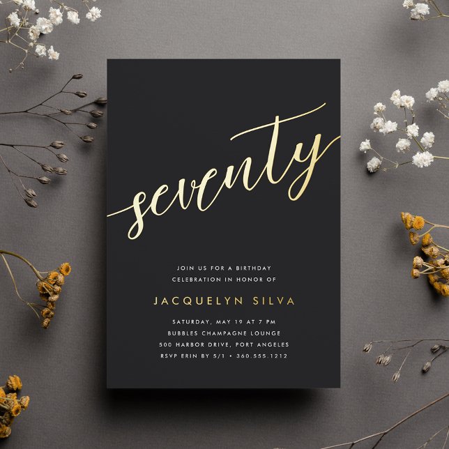 Invitación Con Relieve Metalizado Golden Script 70 cumpleaños (Subido por el creador)