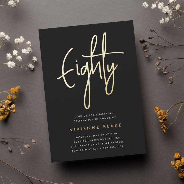 Invitación Con Relieve Metalizado Golden Script 80th Birthday Party (Subido por el creador)