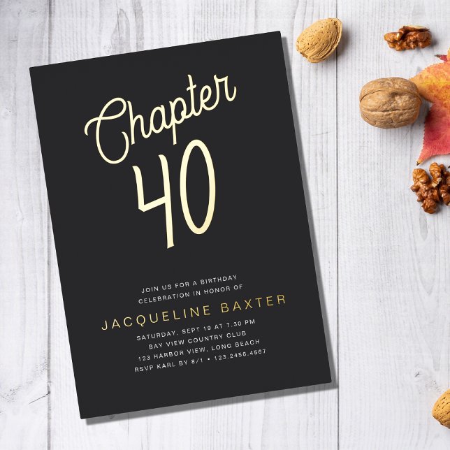 Invitación Con Relieve Metalizado Golden Script Chapter 40 40th Birthday Fiesta (Subido por el creador)