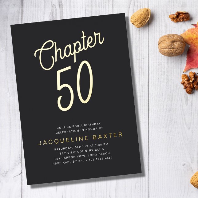 Invitación Con Relieve Metalizado Golden Script Chapter 50 50th Birthday Party (Subido por el creador)