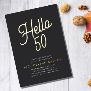 Invitación Con Relieve Metalizado Golden Script Hola 50 50th Birthday Party