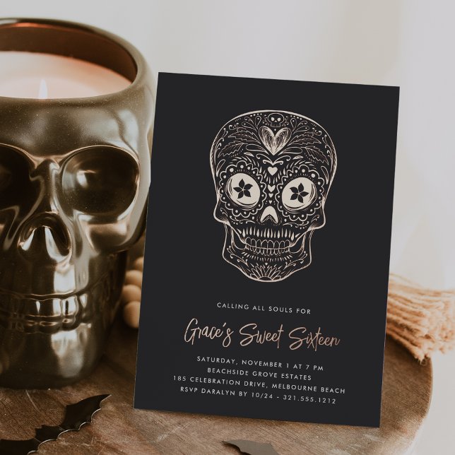 Invitación Con Relieve Metalizado Golden Skull Dia de los Muertos Dieciséis (Subido por el creador)