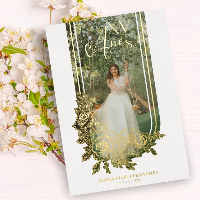 Invitación Con Relieve Metalizado Golden Spanish Luxury Trendy Floral Mis XV Photo (Subido por el creador)