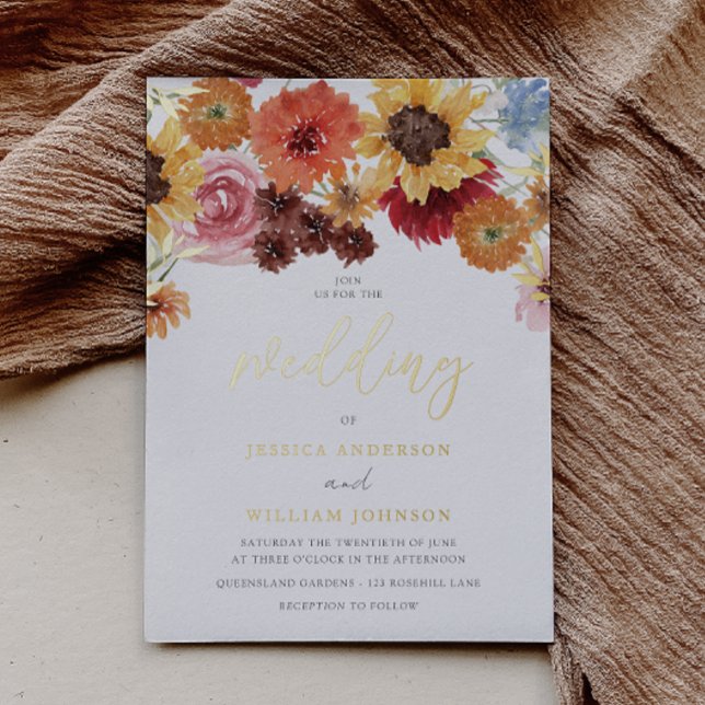 Invitación Con Relieve Metalizado Golden Sunflowers Summer Floral Wedding Gold (Subido por el creador)