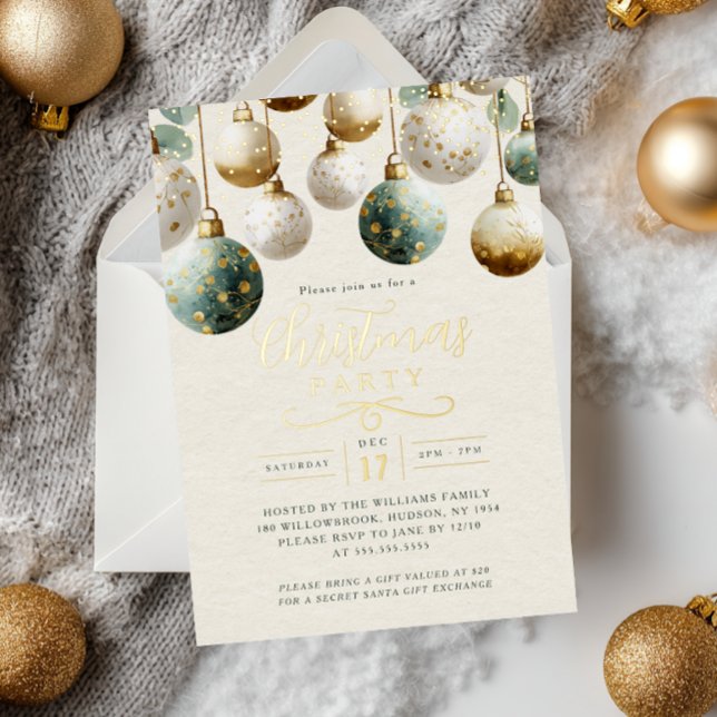 Invitación Con Relieve Metalizado Golden Teal Green Baubles Christmas Party  (Subido por el creador)