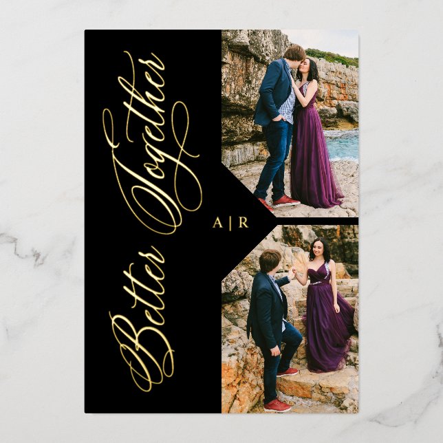 Invitación Con Relieve Metalizado Golden Whimsical Luxury Modern 2 Photos Collage (Anverso)