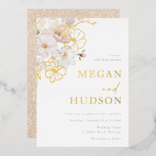 Invitación Con Relieve Metalizado Golden y Rubor Wildflowers Boda
