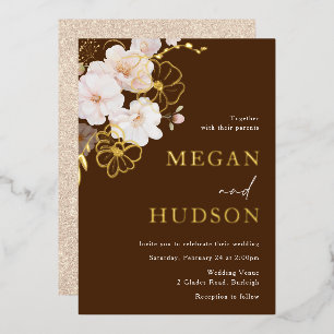 Invitación Con Relieve Metalizado Golden y Rubor Wildflowers Boda