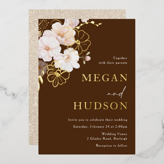 Invitación Con Relieve Metalizado Golden y Rubor Wildflowers Boda (Anverso/Reverso)