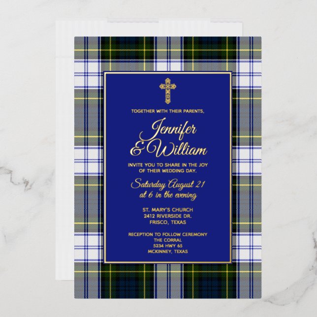 Invitación Con Relieve Metalizado Gordon Dress Tartan Plaid Boda (Sobre)