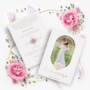Invitación Con Relieve Metalizado Gorgeous Real Oval Rose Golden Spanish Quinceañera