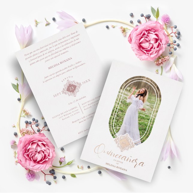 Invitación Con Relieve Metalizado Gorgeous Real Oval Rose Golden Spanish Quinceañera (Subido por el creador)